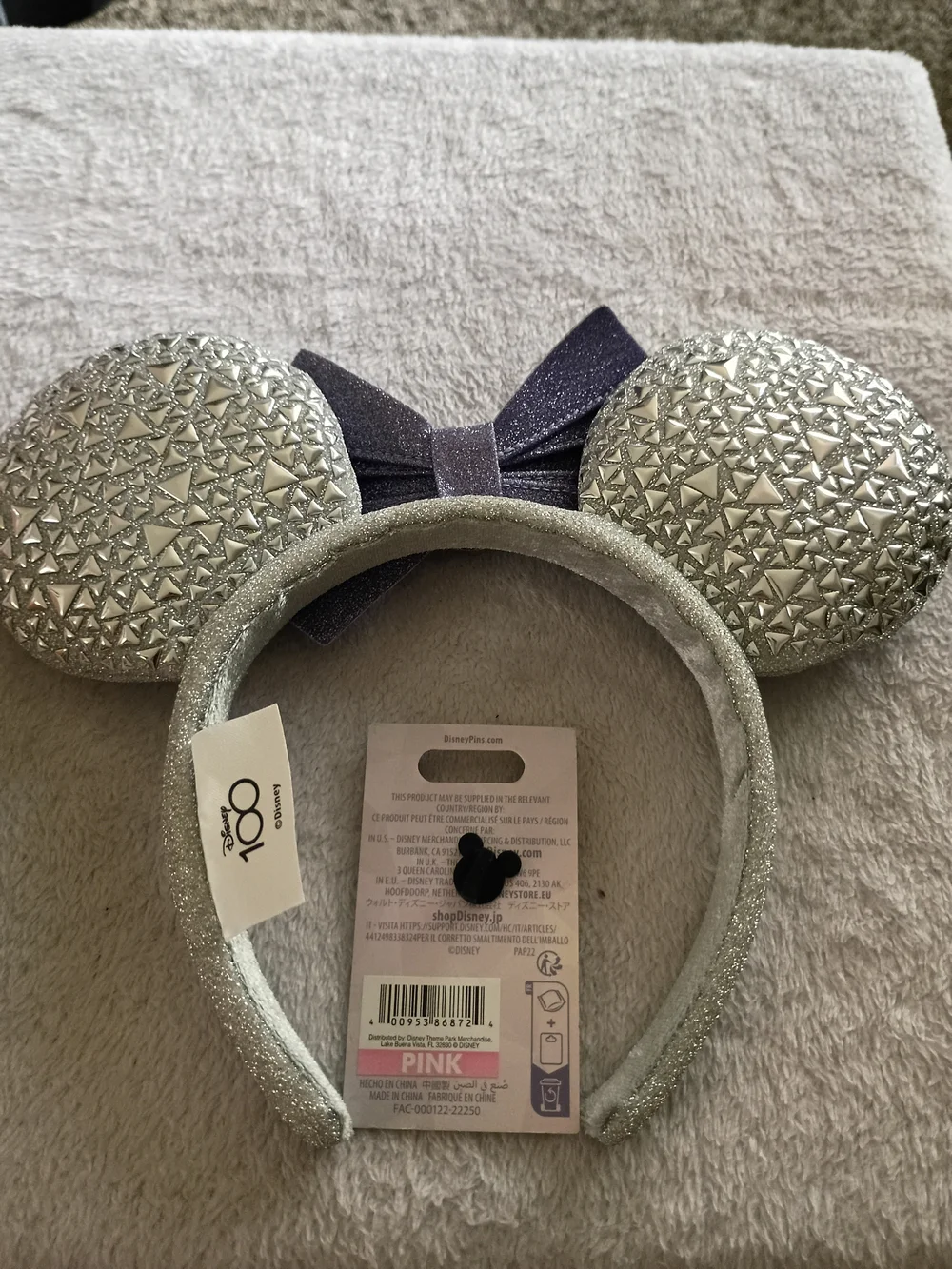 Silver Disney 100th Celebration Ears With Minnie Mouse Pin